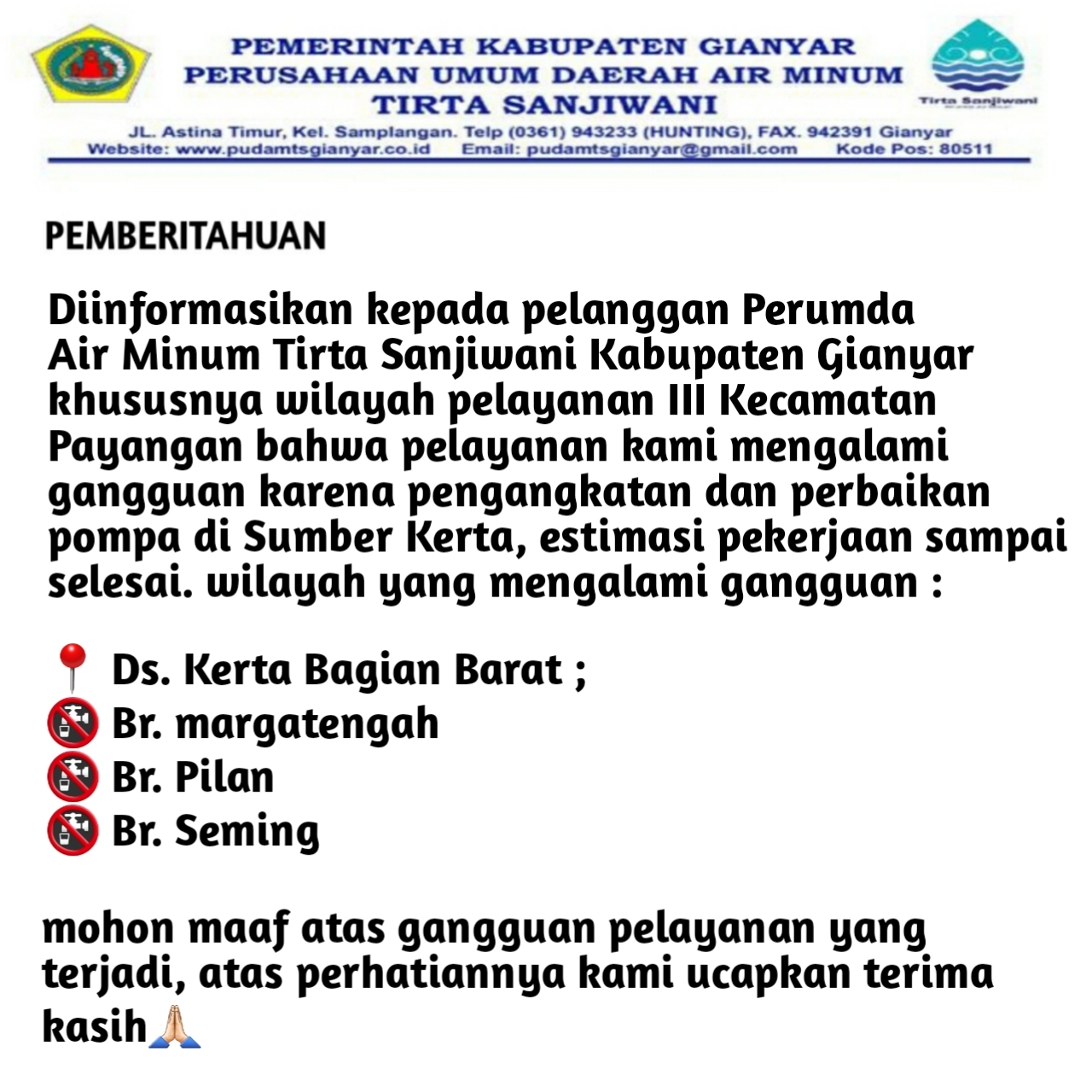 INFORMASI DISTRIBUSI AIR PERUMDA AIR MINUM TIRTA SANJIWANI KABUPATEN ...